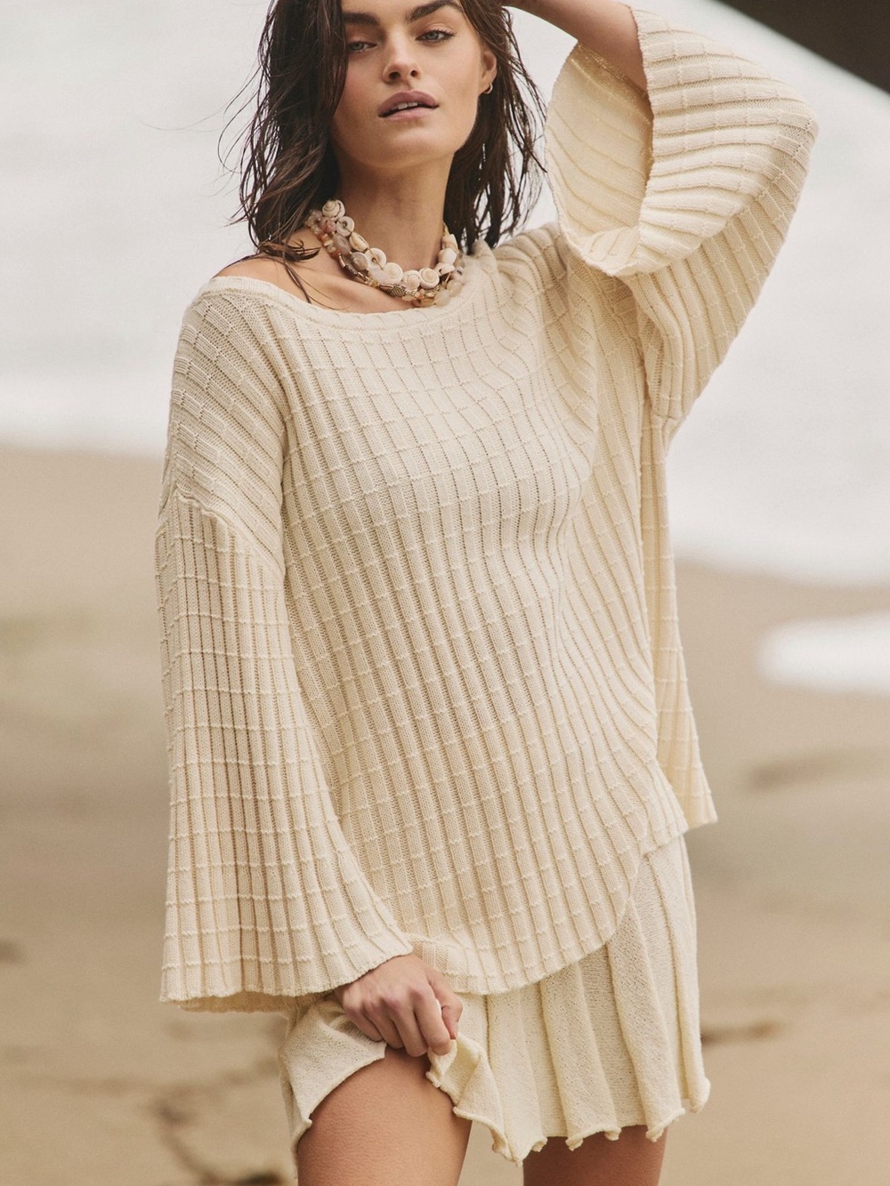 Free People Cream Ribbed Off-Shoulder Bell-Sleeve Sweater